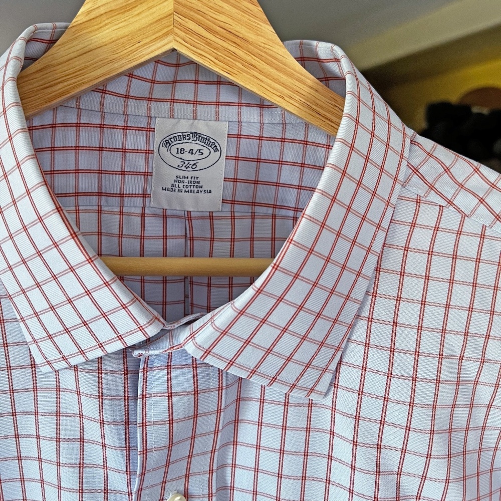 Brooks Brothers 346 Dress Shirt Men 18 4/5 Lt Blue/Red Windowpane Non-Iron Nice!